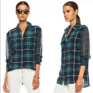Equipment Green and Navy Plaid Button-Down Shirt in silk